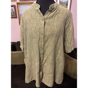 Eileen Fisher Washed Organic Linen Delave Shirt Size XL Tarragon Green Boxy Fit